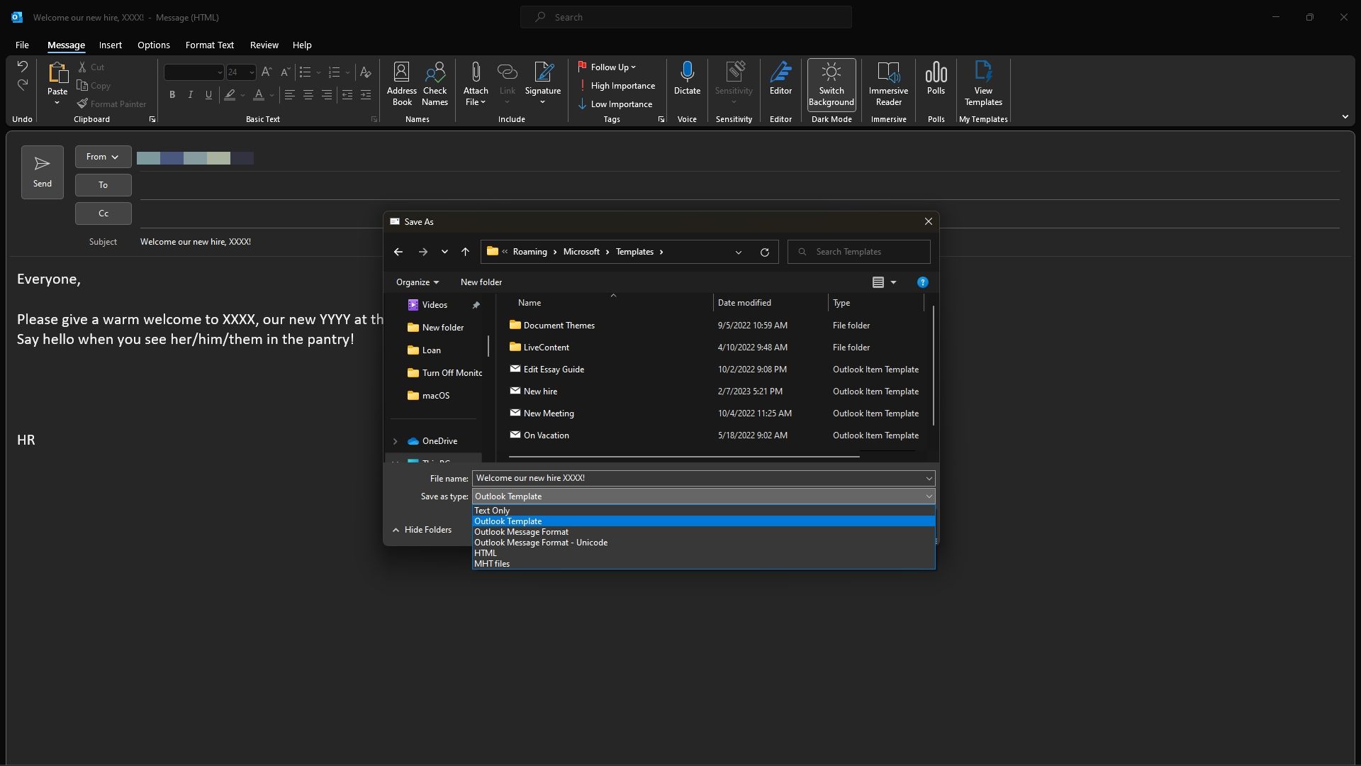 Сохранение шаблона в Outlook на рабочем столе