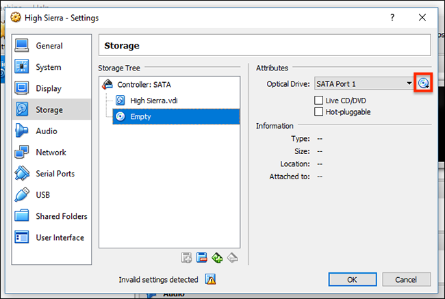 Выбор ISO-файла в приводе VirtualBox