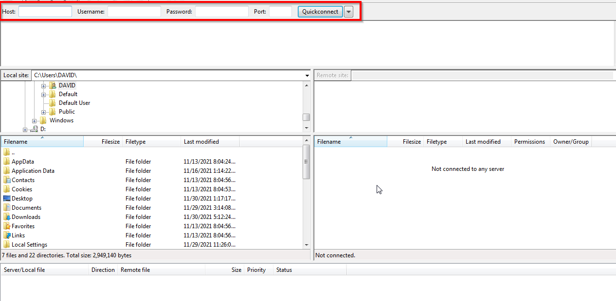 Окно FileZilla, подключение к серверу