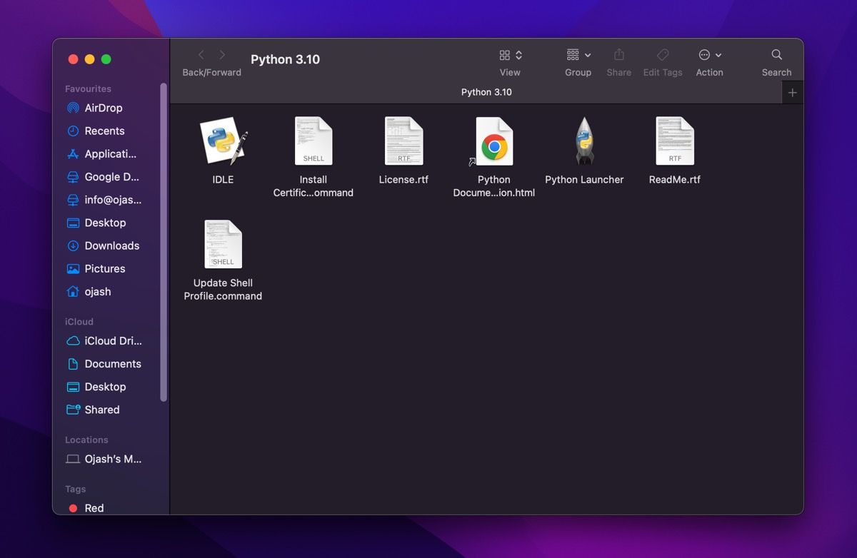 python installation directory open in finder