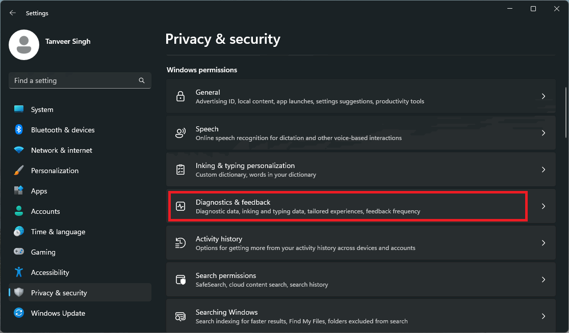 Переход к разделу Диагностика и отзывы в Параметрах.