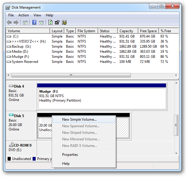 Новый VHD, смонтированный как отдельный том с буквой диска
