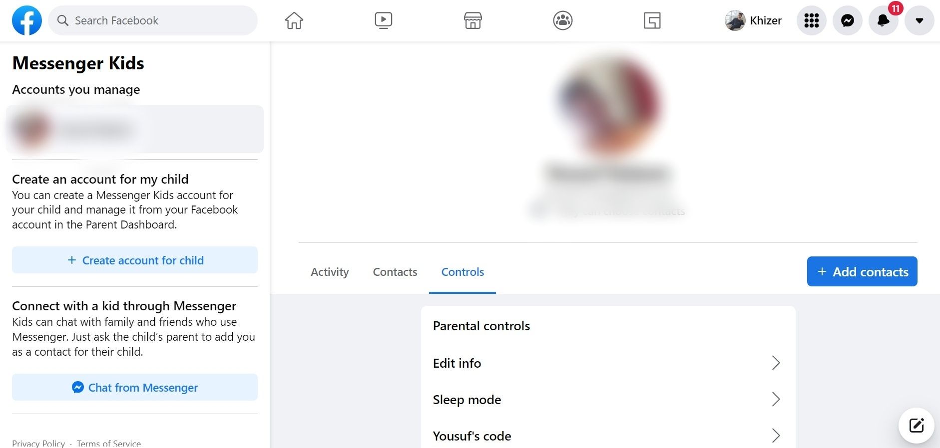 Пункт управление Messenger Kids с настройками контроля