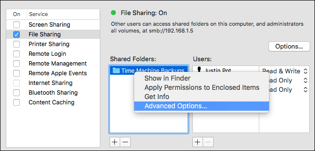Изображение меню с пунктом Дополнительные параметры для общей папки