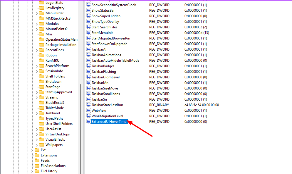 Создать новый DWORD ExtendedUIHoverTime в реестре