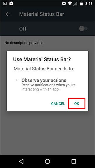 Подтверждение включения разрешения Accessibility для Material Status Bar