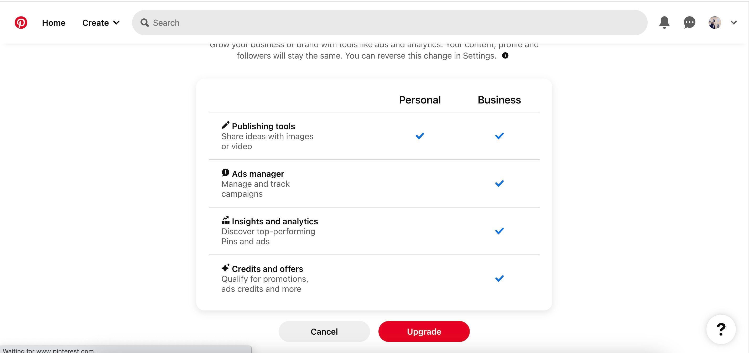 Окно «Обновить» для бизнес‑аккаунта Pinterest