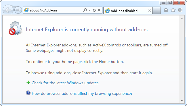 Internet Explorer запущен без надстроек (диалог)