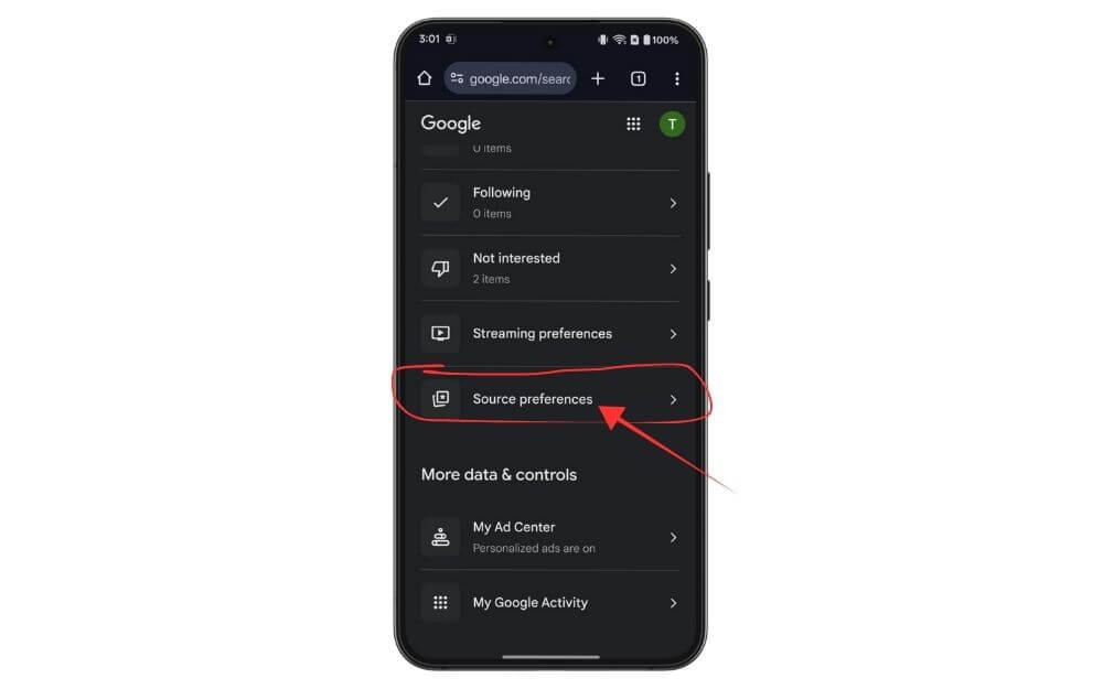 Параметры предпочтений источников в Google