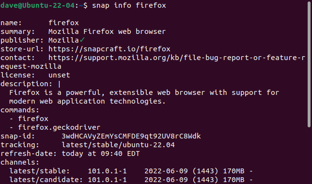 Информация о пакете snap через snap info.