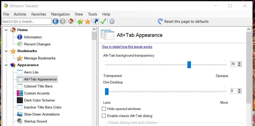Пункт Alt + Tab Appearance в Winaero Tweaker