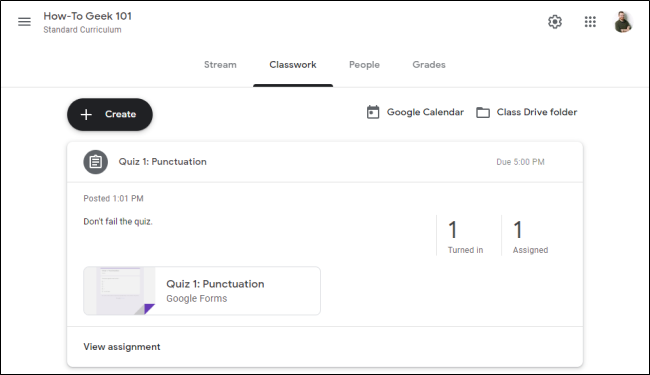 Вкладка «Классные задания» в Google Classroom — список заданий и статус сдачи