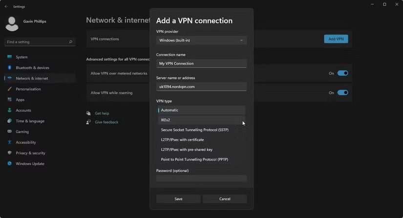 Ручная настройка параметров VPN в Параметрах Windows.