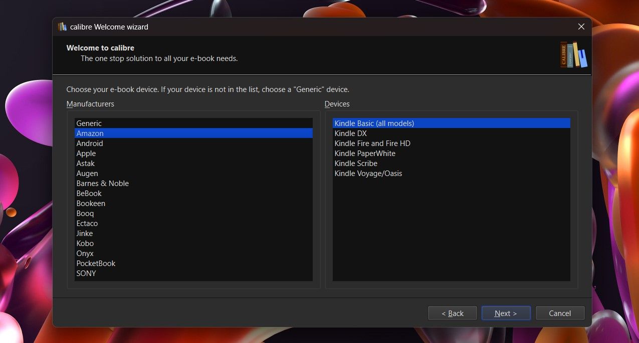 Choosing Preferred Device in Calibre Welcome Wizard