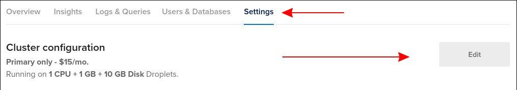 Screenshot of editing a DigitalOcean database cluster