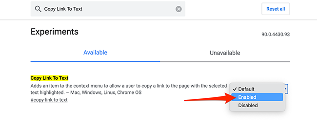 Включение 'Copy Link To Text' на странице экспериментальных настроек