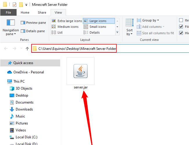 JAR файла сервера в папке на Рабочем столе