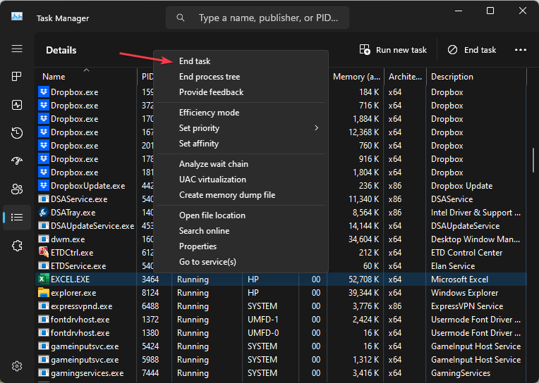 Список процессов Excel.exe в подробностях