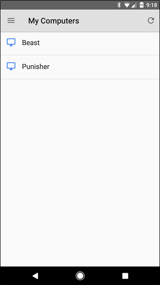 Список доступных компьютеров в мобильном приложении Chrome Remote Desktop