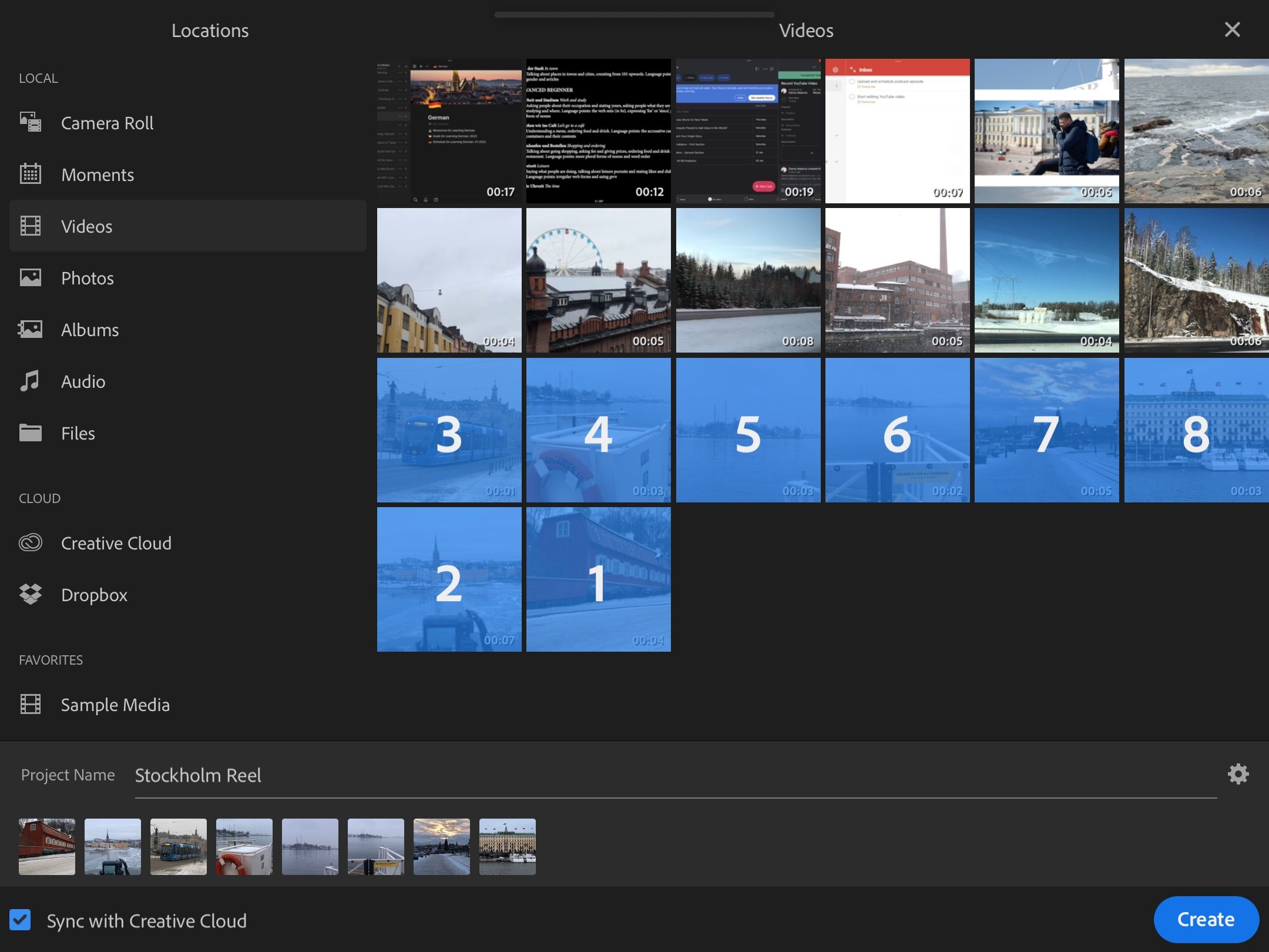 Скриншот создания нового проекта в Premiere Rush