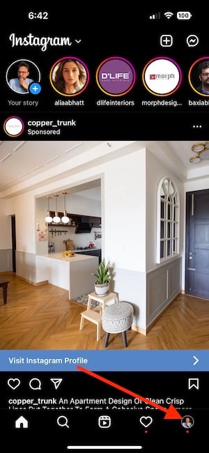 Переход в профиль Instagram на iPhone