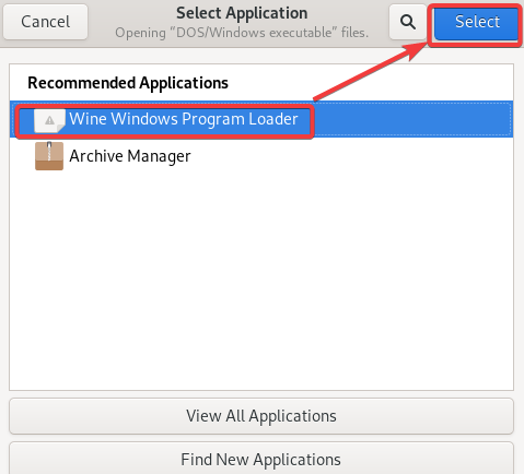Выбор Wine Windows Program Loader для запуска инсталлятора