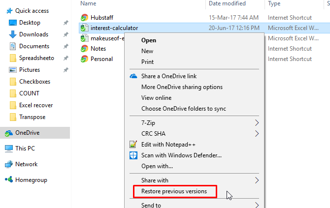 Окно восстановления предыдущих версий в Windows