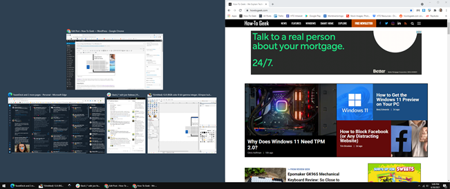 Список открытых окон в Snap Assist для выбора второго окна.