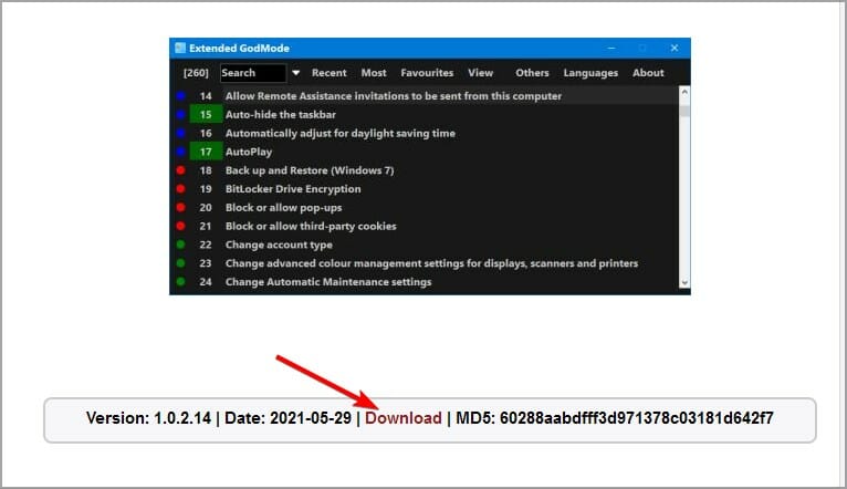 Schermata della pagina di download di Extended GodMode