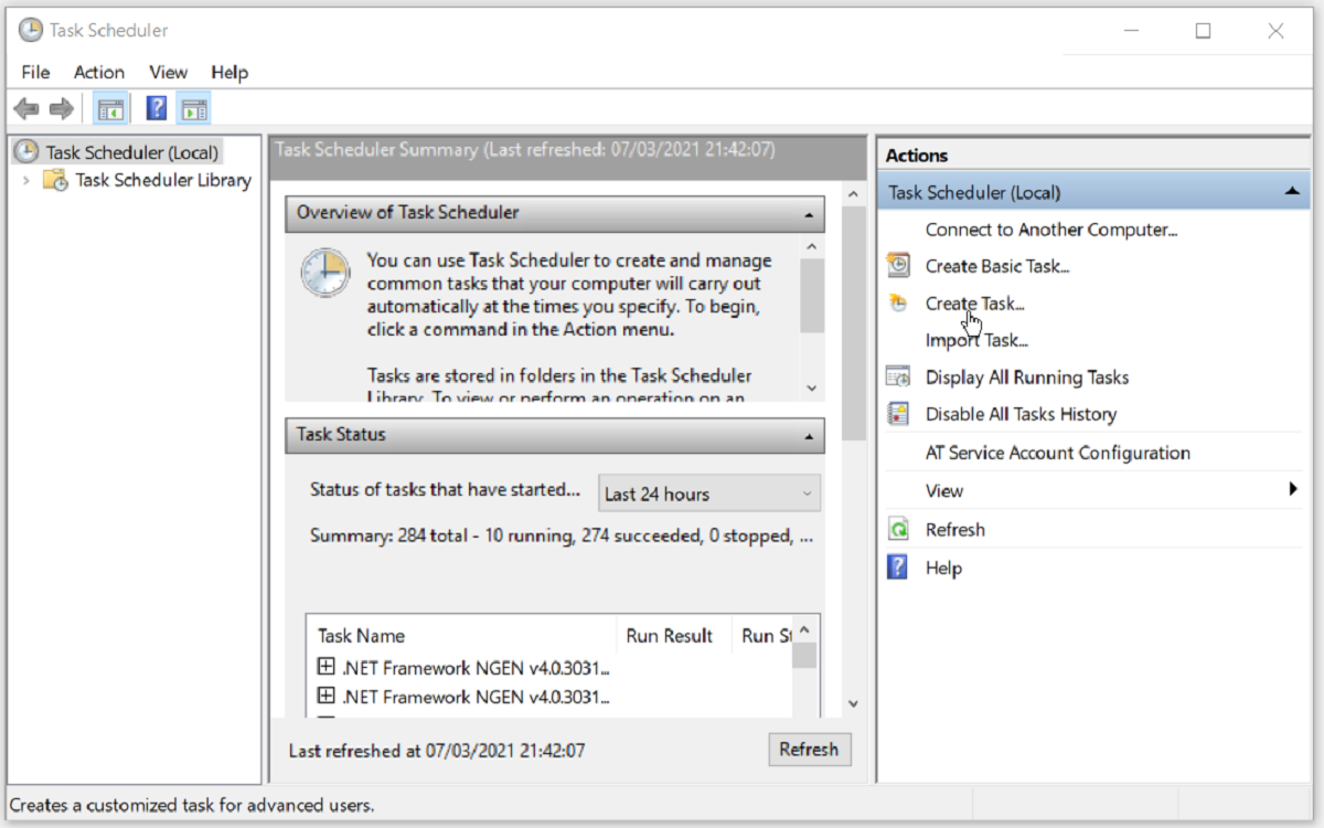 Окно Планировщика задач: создание новой задачи
