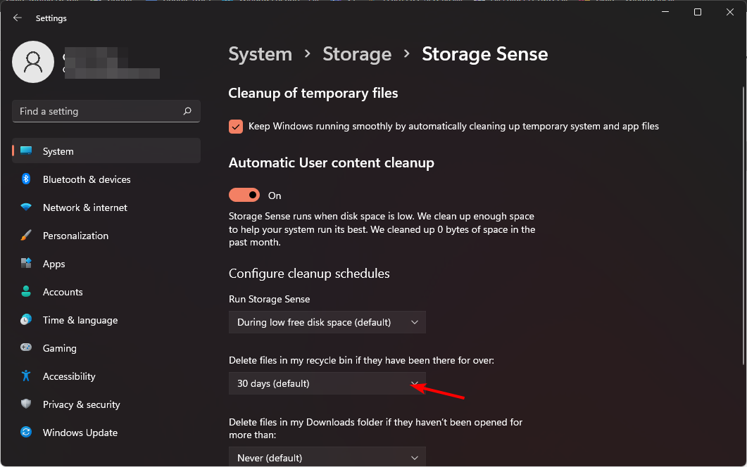 Параметр выбора периода автоматического удаления файлов в Корзине