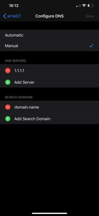 Снимок: добавление DNS в iOS