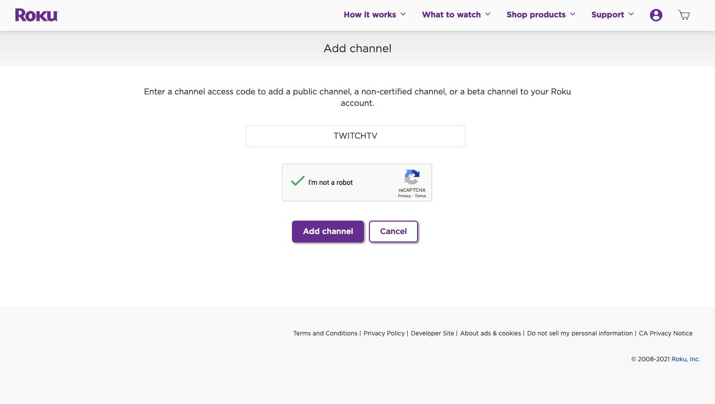 Добавление канала Twitch в Roku через код