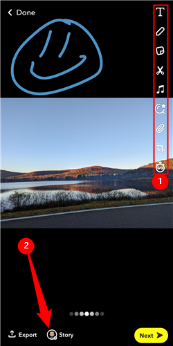 Редактирование фото перед публикацией: нажмите иконку ручки, затем кнопку Story для публикации