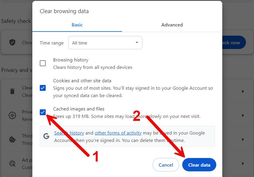 Очистка кэша в Chrome.