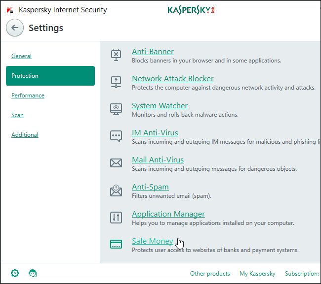 Раздел Safe Money в настройках Kaspersky