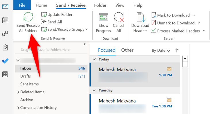 Команда Отправить/Получить все папки в Outlook.