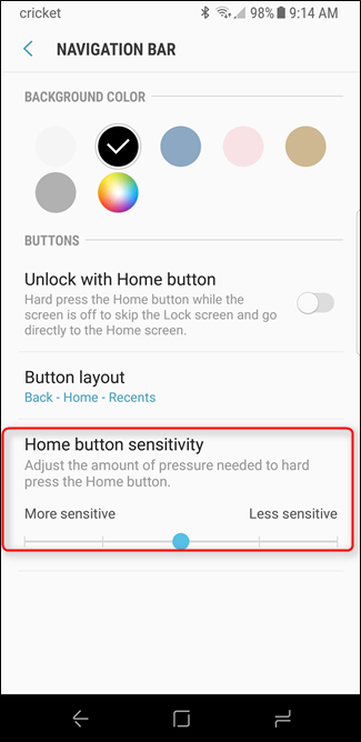 Скриншот: настройка чувствительности кнопки «Домой»