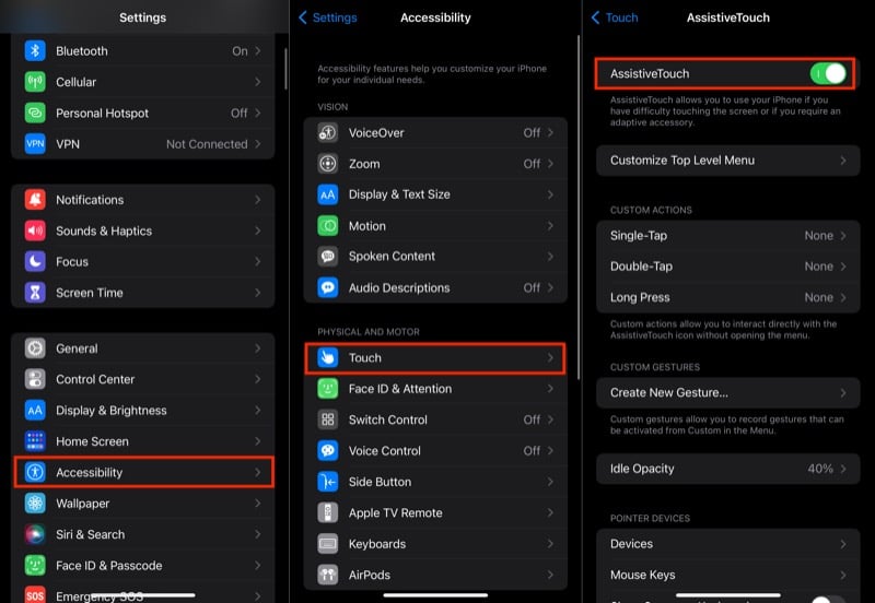 включение AssistiveTouch в настройках iPhone