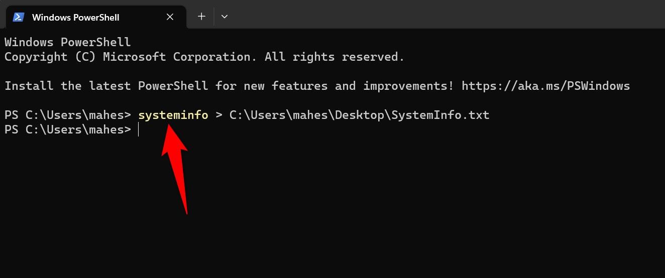 Команда systeminfo выделена в окне PowerShell