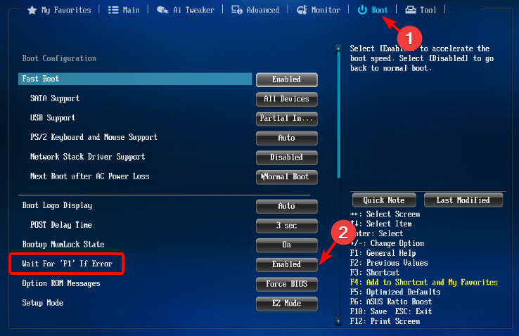 Отключение опции ожидания F1 при ошибке