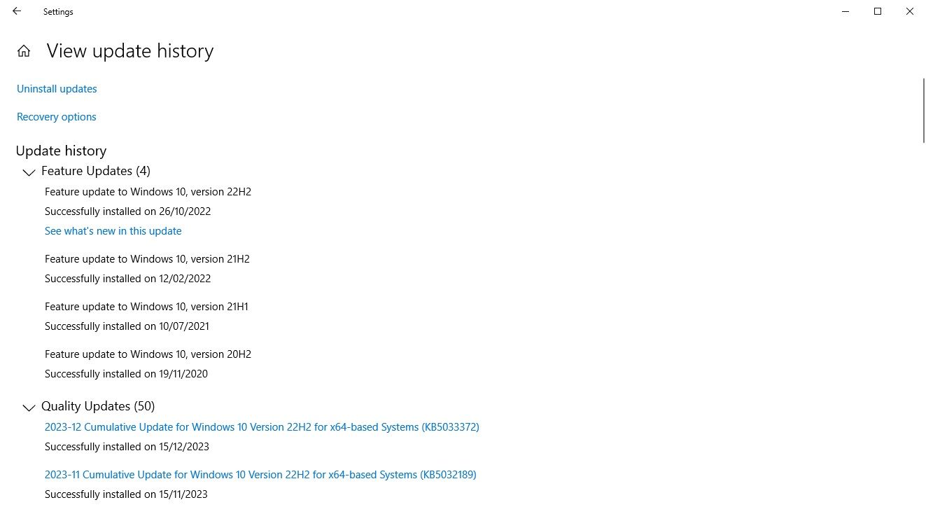 windows 10 view update history