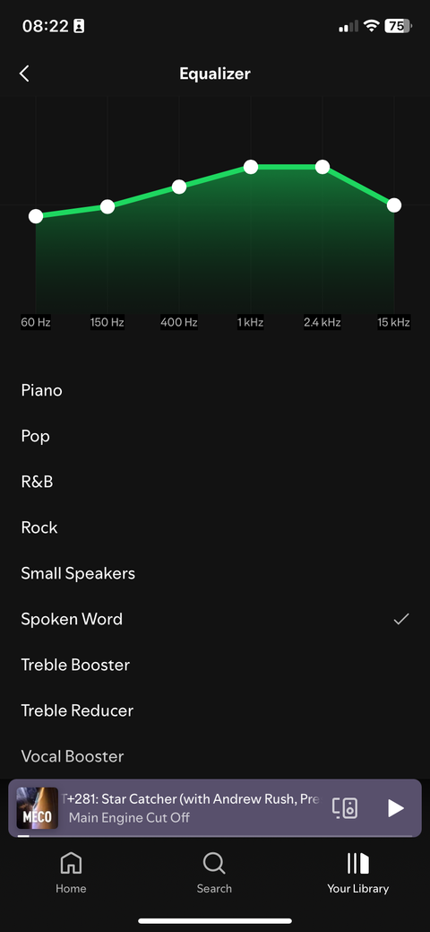 The Spotify app on an iPhone, where a user is selecting the Spoken Word equalizer setting