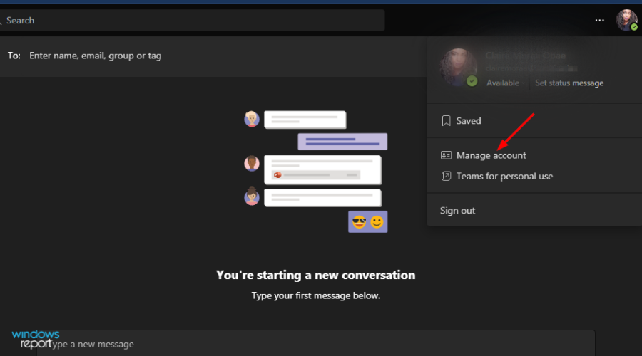 Меню профиля в Microsoft Teams с пунктом 