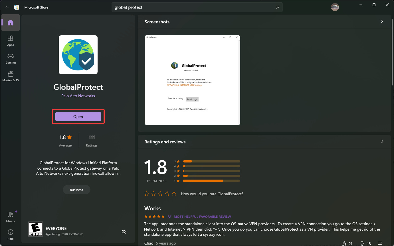 Кнопка «Open» после загрузки приложения.