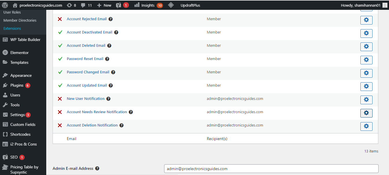 Настройки уведомлений по e-mail в Ultimate Member