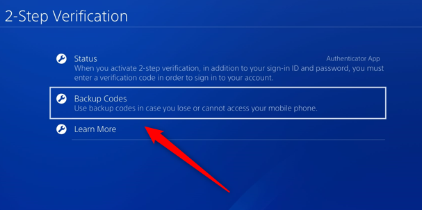 Выберите «Резервные коды» на консоли PlayStation