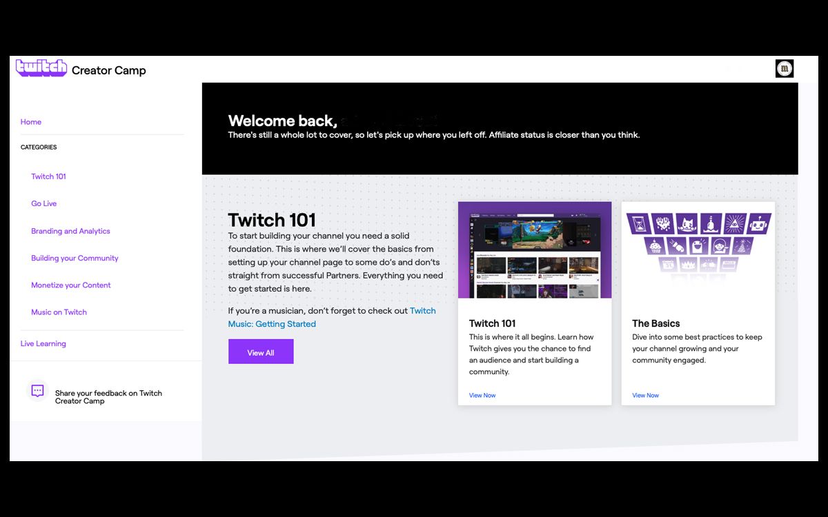 Главный экран Twitch Creator Camp