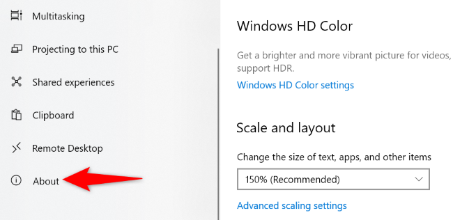 Пункт About в настройках Windows 10