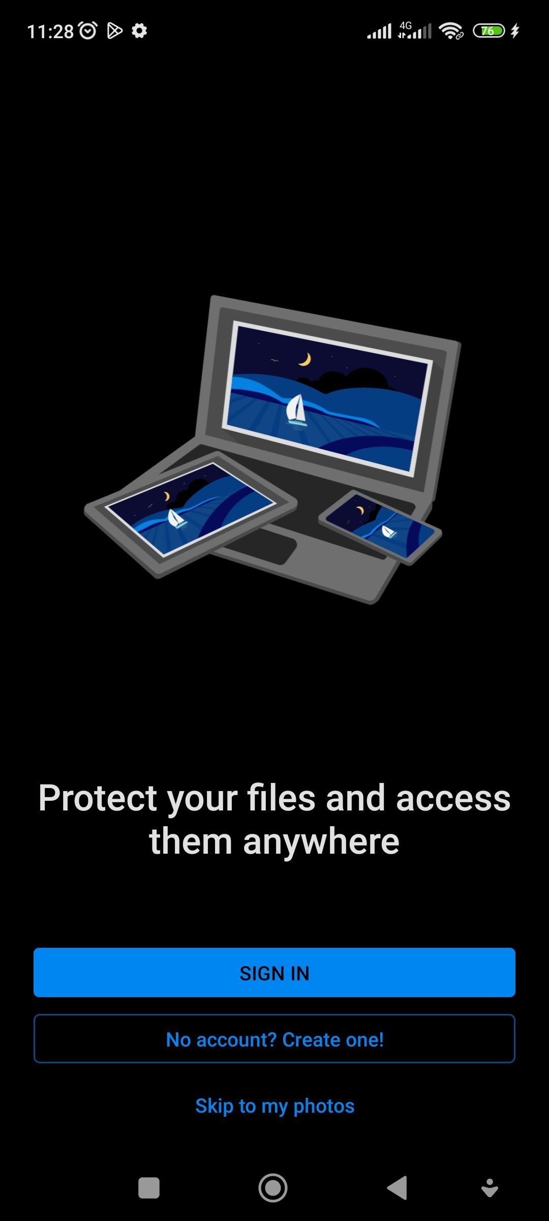 экран входа OneDrive на мобильном устройстве